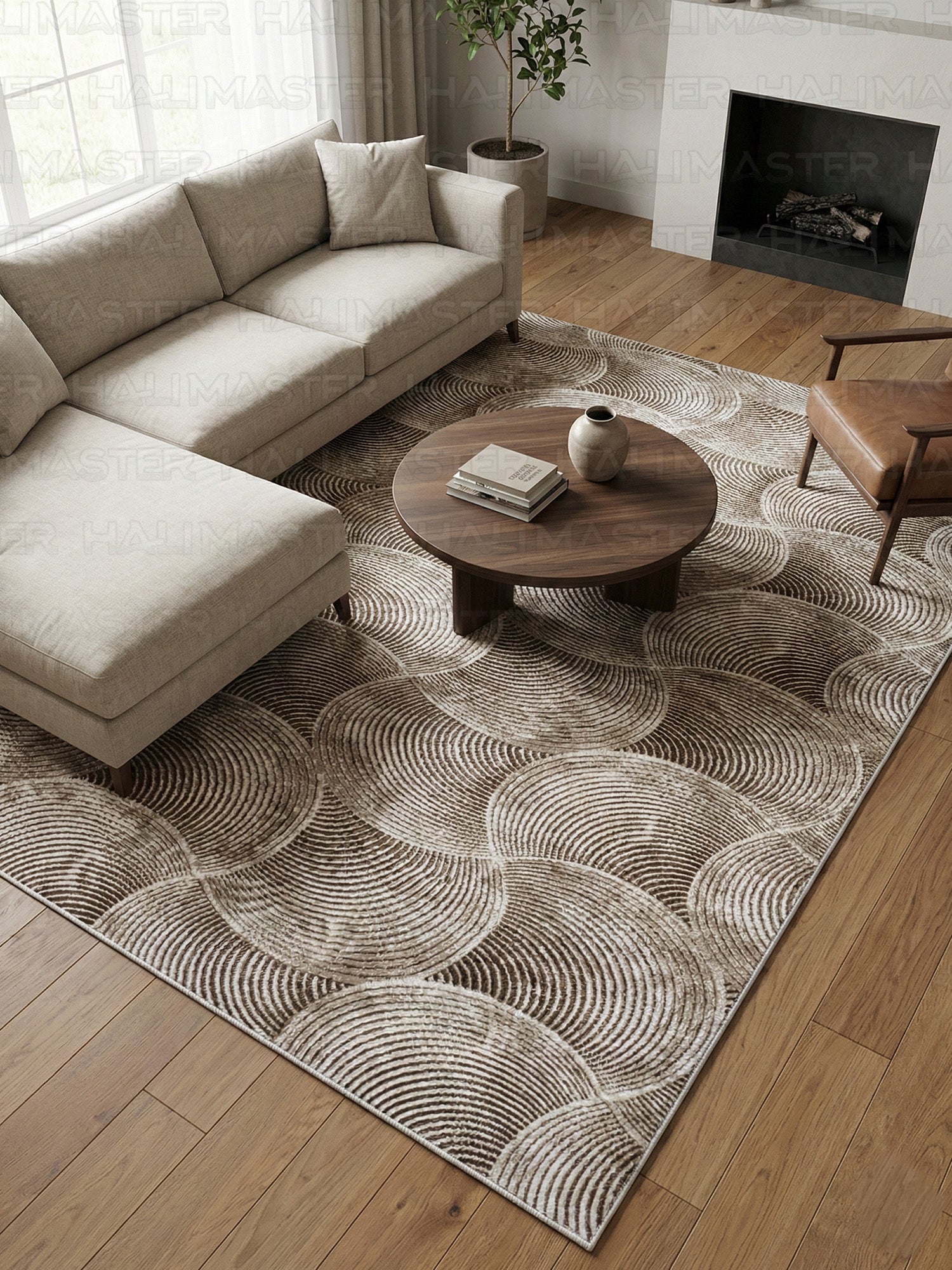 Dinarsu İskandinav Stil Dalga Desenli Kahve Bej - Kaymaz Taban Özel Ölçü Halı