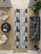 Jel Modern Geometrik Desenli Gri Siyah Özel Ölçü Kesilebilir Kesme Halı