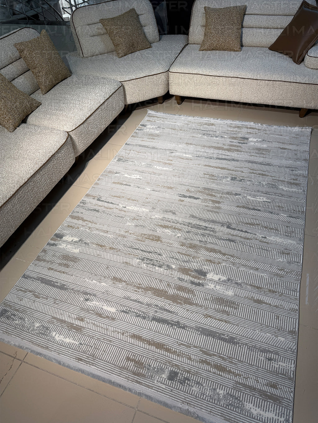 Vizon Gri Çizgili Modern Halı - Eskitme Desenli Salon Halısı