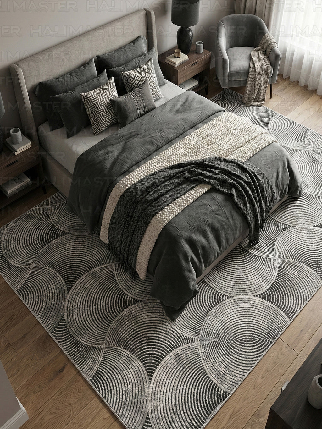 Dinarsu İskandinav Stil Dalga Desenli Antrasit Gri Kaymaz Taban Özel Ölçü Halı