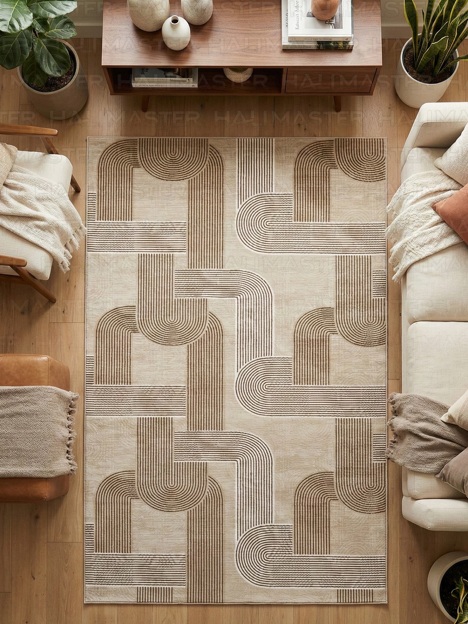 Jel Modern Geometrik Desenli Özel Ölçü Kesme Halı - Bej & Gri