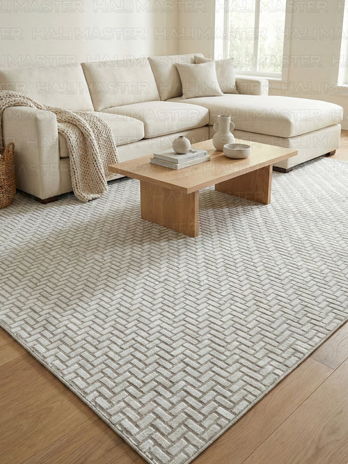 Bohem Tarz Sepet Örgü Desenli Salon Halısı - Kahve Krem 4m2 (160x230)