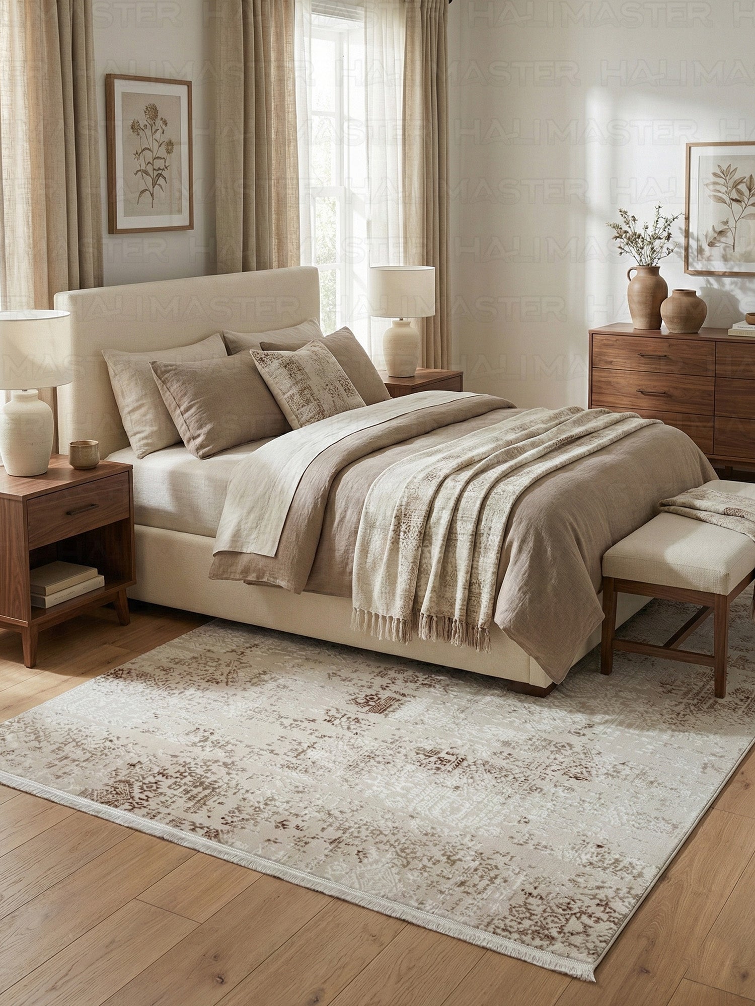 Vintage Eskitme Desenli Modern Salon Halısı - Krem ve Toprak Tonları