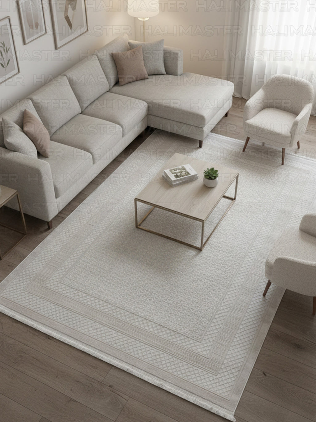Modern Geometrik Desenli Saçaklı Salon Halısı - Ekru / Krem