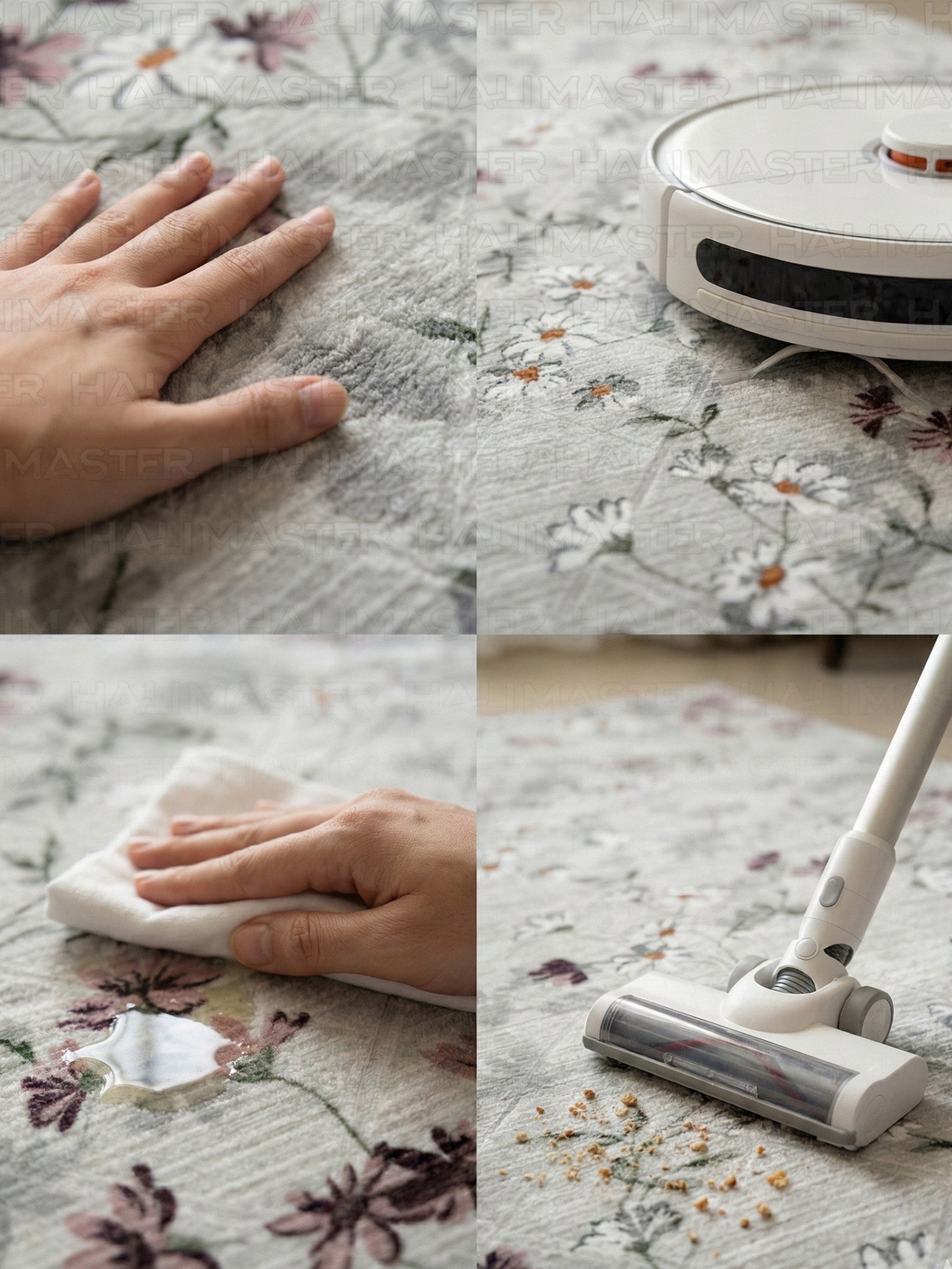 Gri Zeminli Papatya Desenli Modern Salon Halısı - 4m² (160x230) Mürdüm ve Beyaz Çiçekli Detaylı