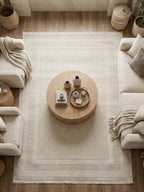 Modern Geometrik Desenli Saçaklı Salon Halısı - Ekru / Krem