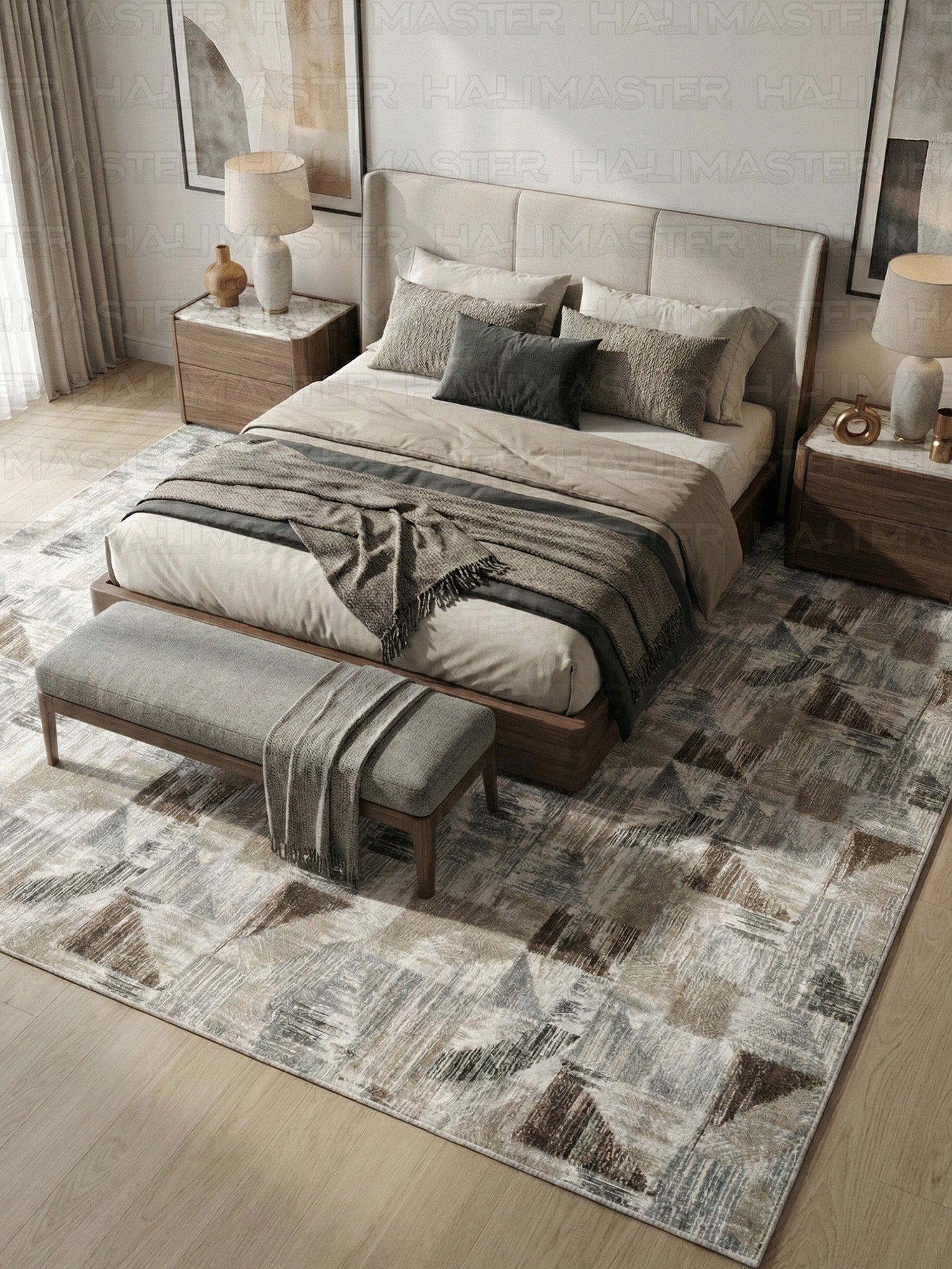 Dinarsu Soyut Üçgen Desenli İskandinav Tarzı Bej Antrasit Halı - Kaymaz Taban Özel Ölçü