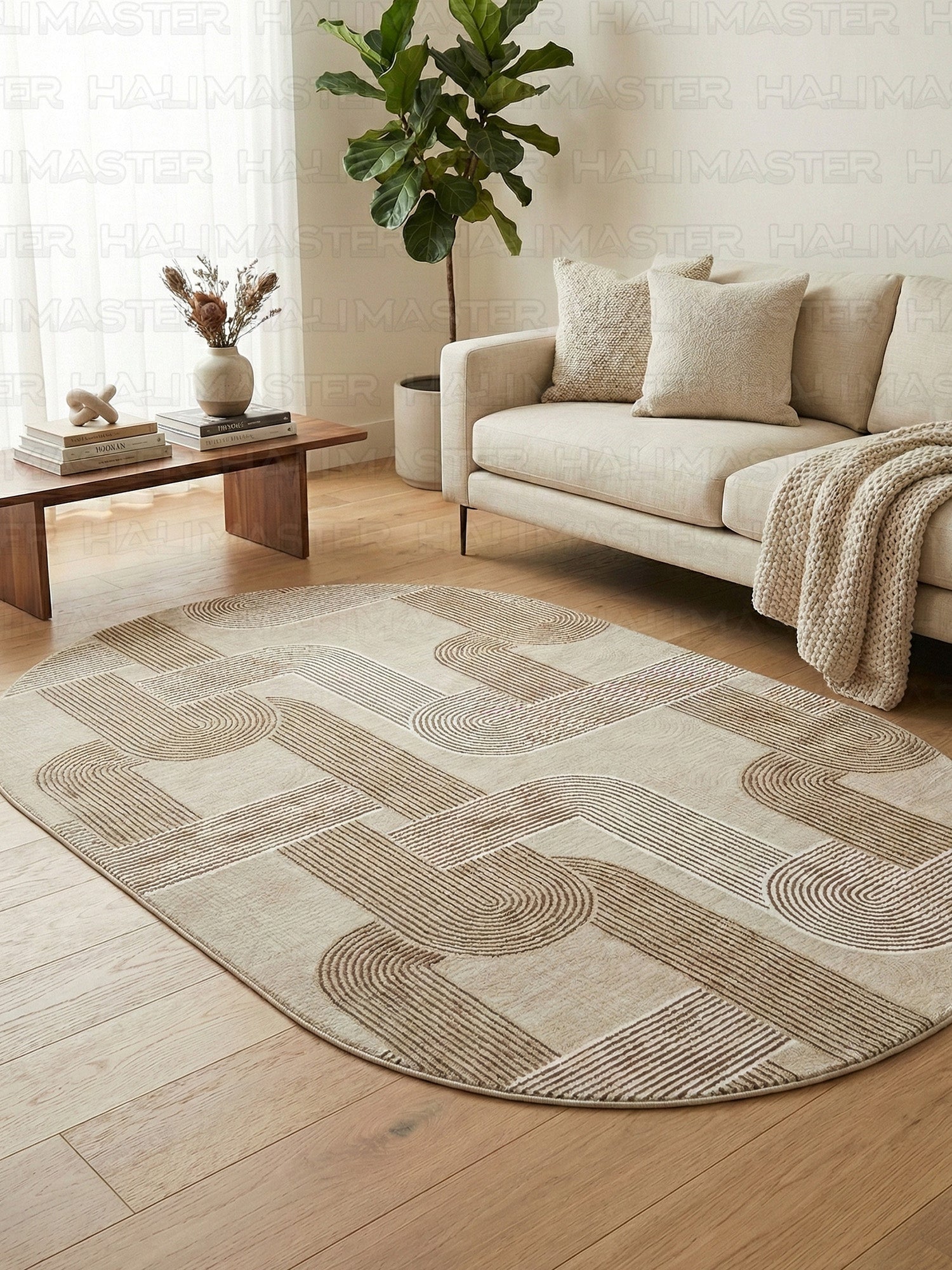 Jel Modern Geometrik Desenli Özel Ölçü Kesme Halı - Bej & Gri