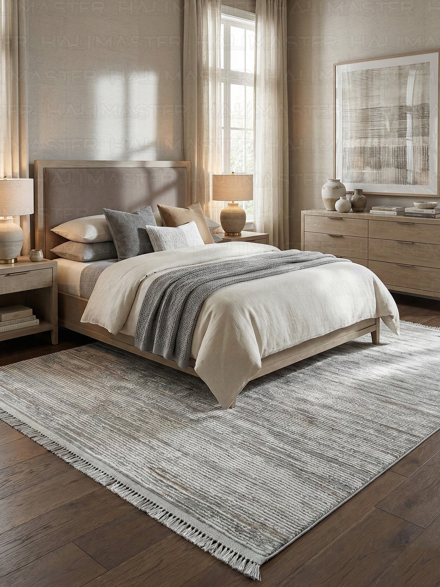 Modern Lineer Desenli Gri Vizon Halı - İskandinav Tarzı Saçaklı Salon Halısı