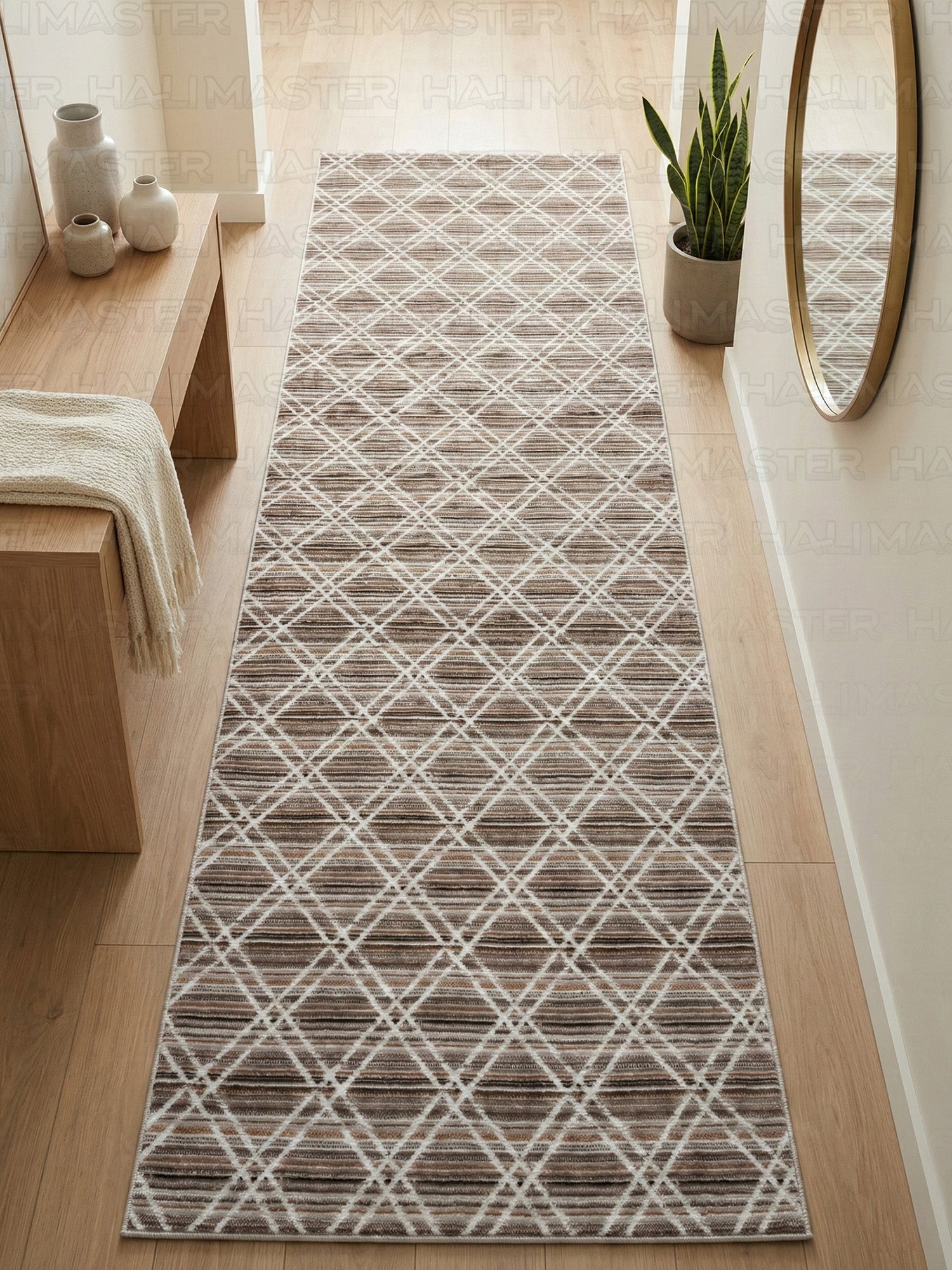 Bambu Modern Geometrik Desenli Kaymaz Taban Özel Ölçü Kesme Halı - Kahve/Vizon