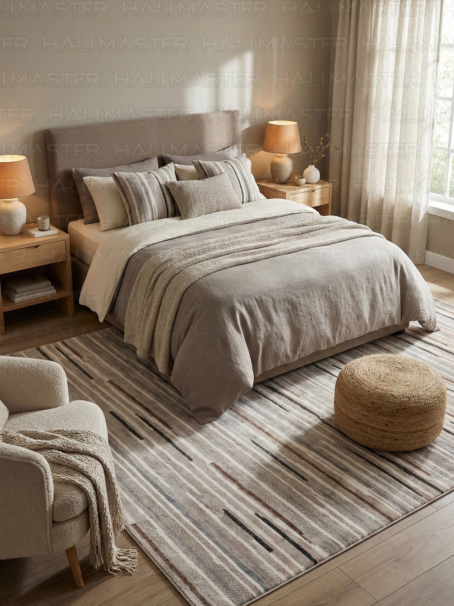 Bambu Soyut Desenli Antrasit Bej Modern Kaymaz Taban Halı ve Kesme Yolluk