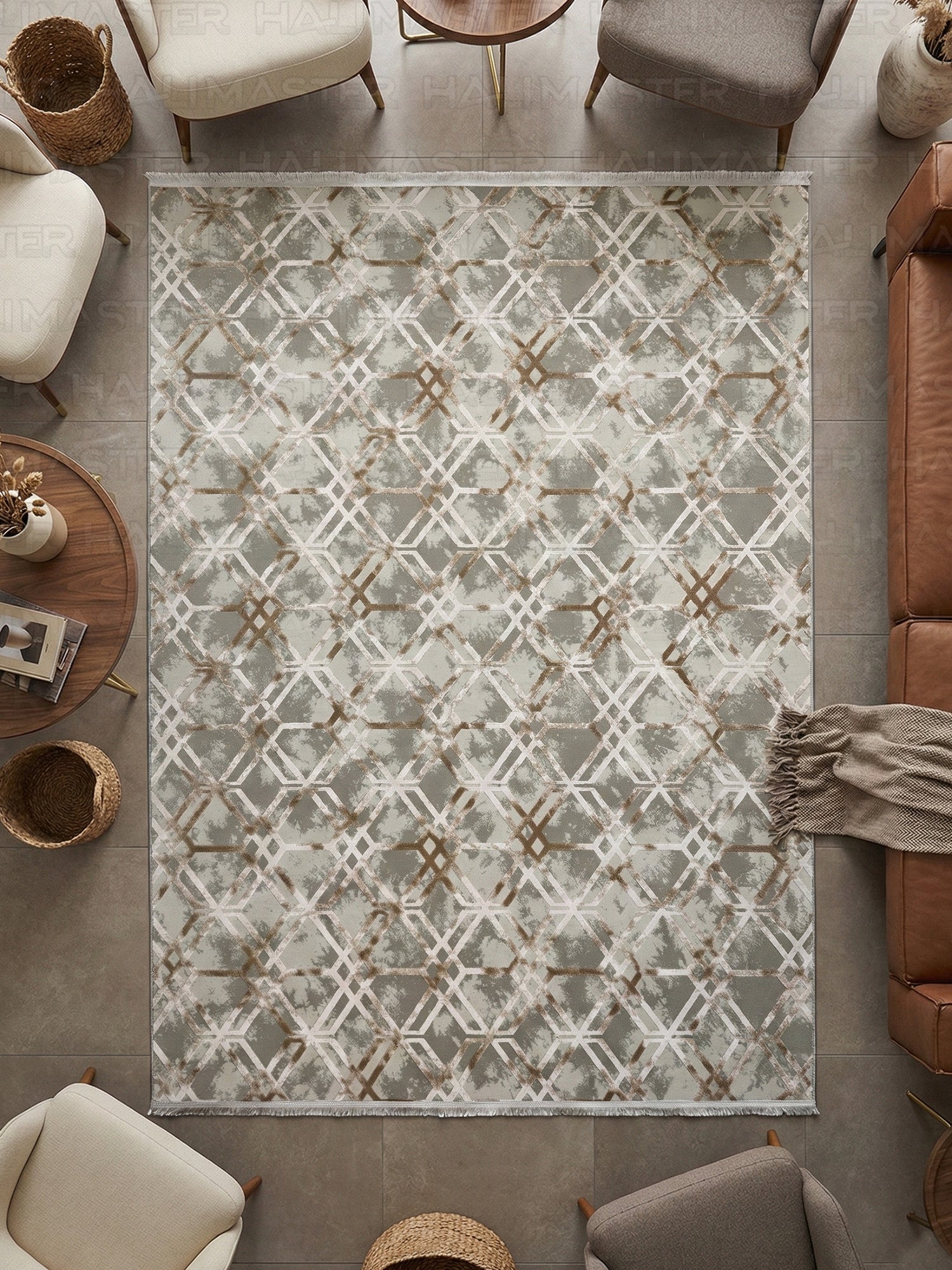 Modern Geometrik Desenli Eskitme Halı - Toprak ve Gri Tonları