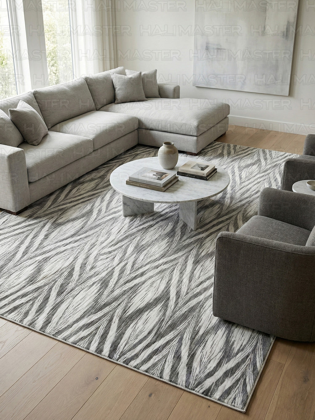 Dinarsu Antrasit Gri Modern Yaprak Desenli Kaymaz Taban Halı - Özel Ölçü