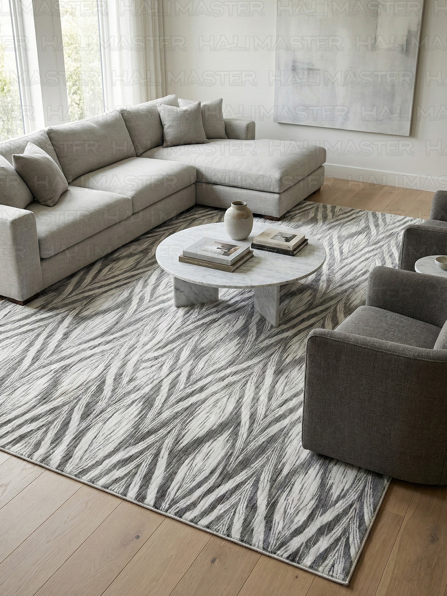 Dinarsu Antrasit Gri Modern Yaprak Desenli Kaymaz Taban Halı - Özel Ölçü