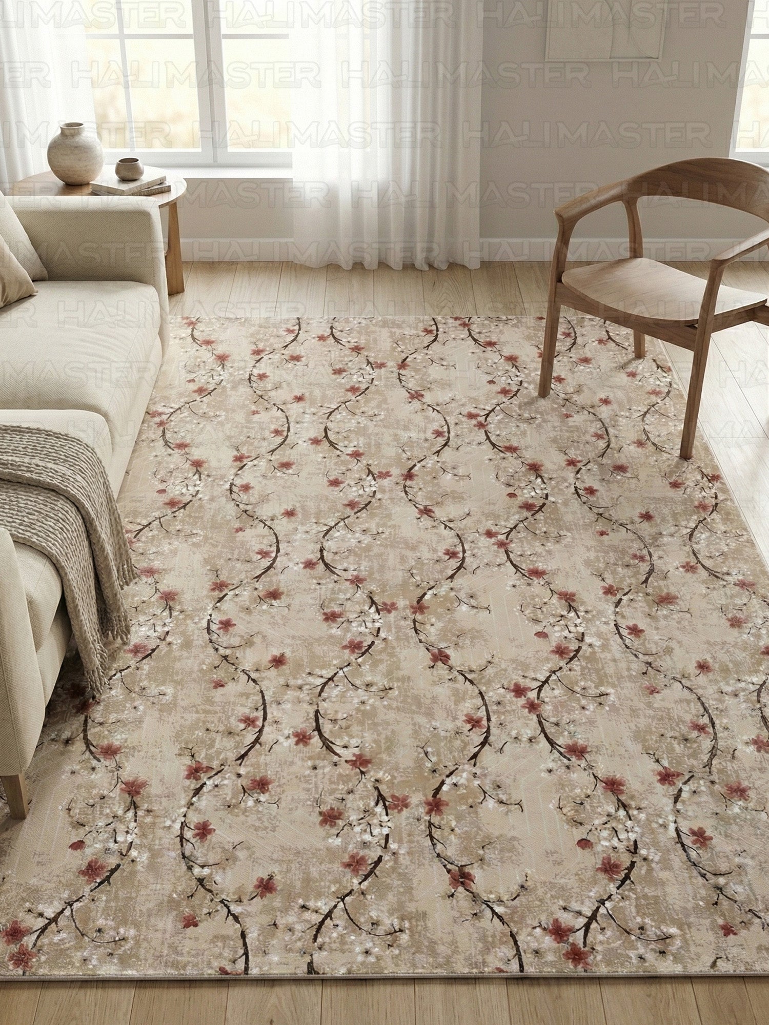 Jel Özel Ölçü Kesme Halı Yolluk - Krem Çiçek Desenli Modern Tasarım