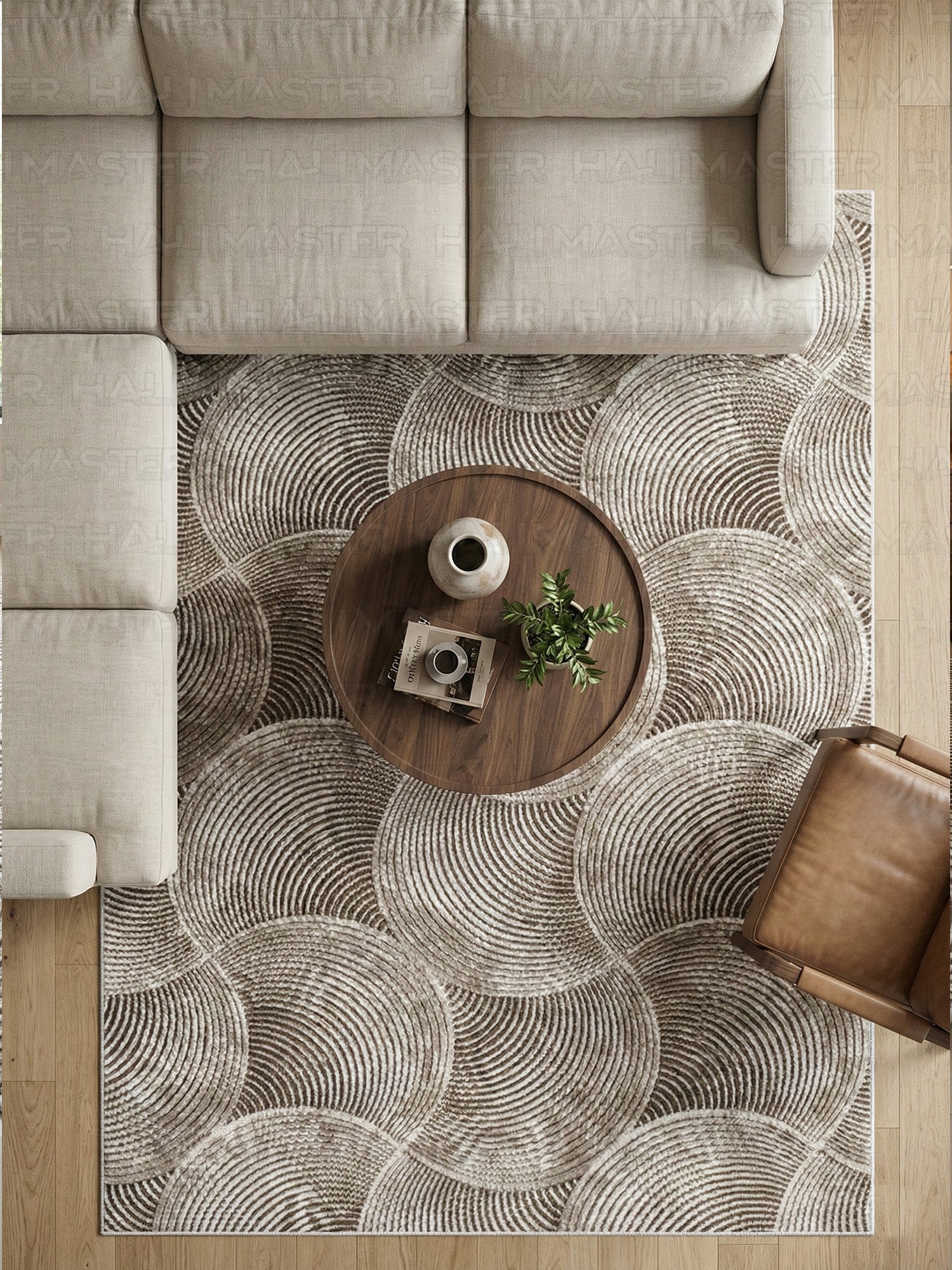 Dinarsu İskandinav Stil Dalga Desenli Kahve Bej - Kaymaz Taban Özel Ölçü Halı