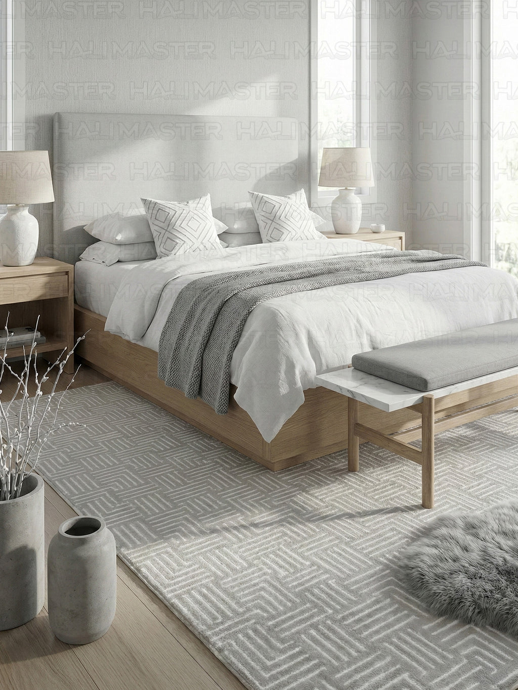 Akrilik Modern Geometrik Desenli Gri Halı – Özel Ölçü Salon & Antre Halısı