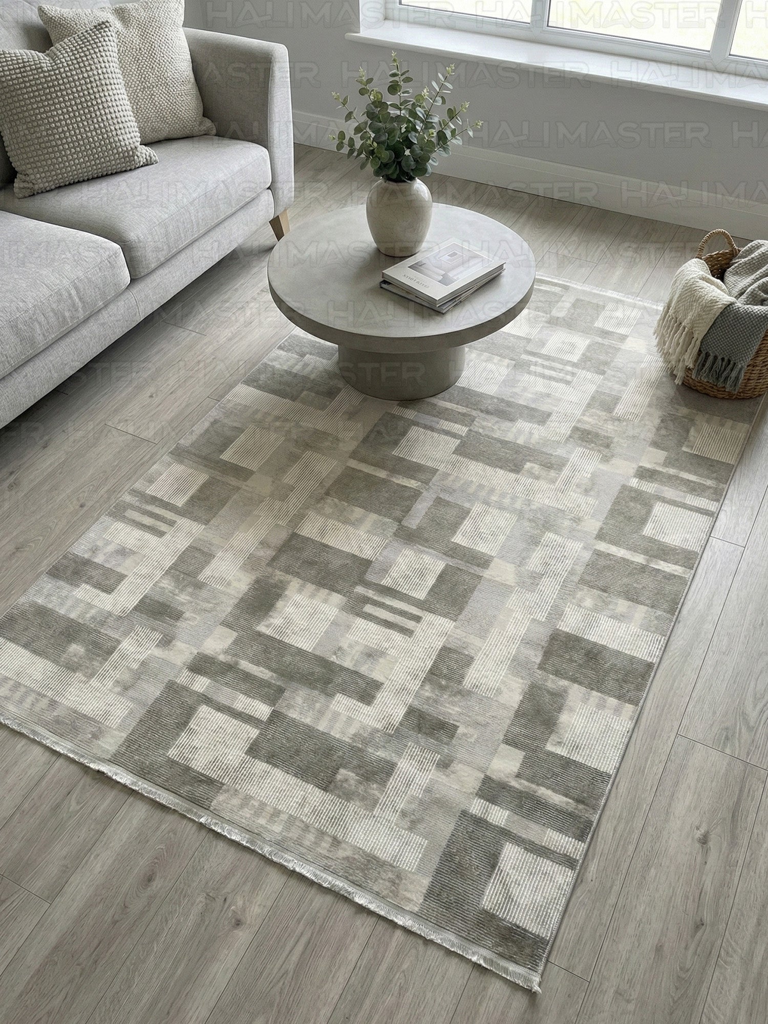 Modern Geometrik Desenli Salon Halısı - Gri ve Beyaz Tonları
