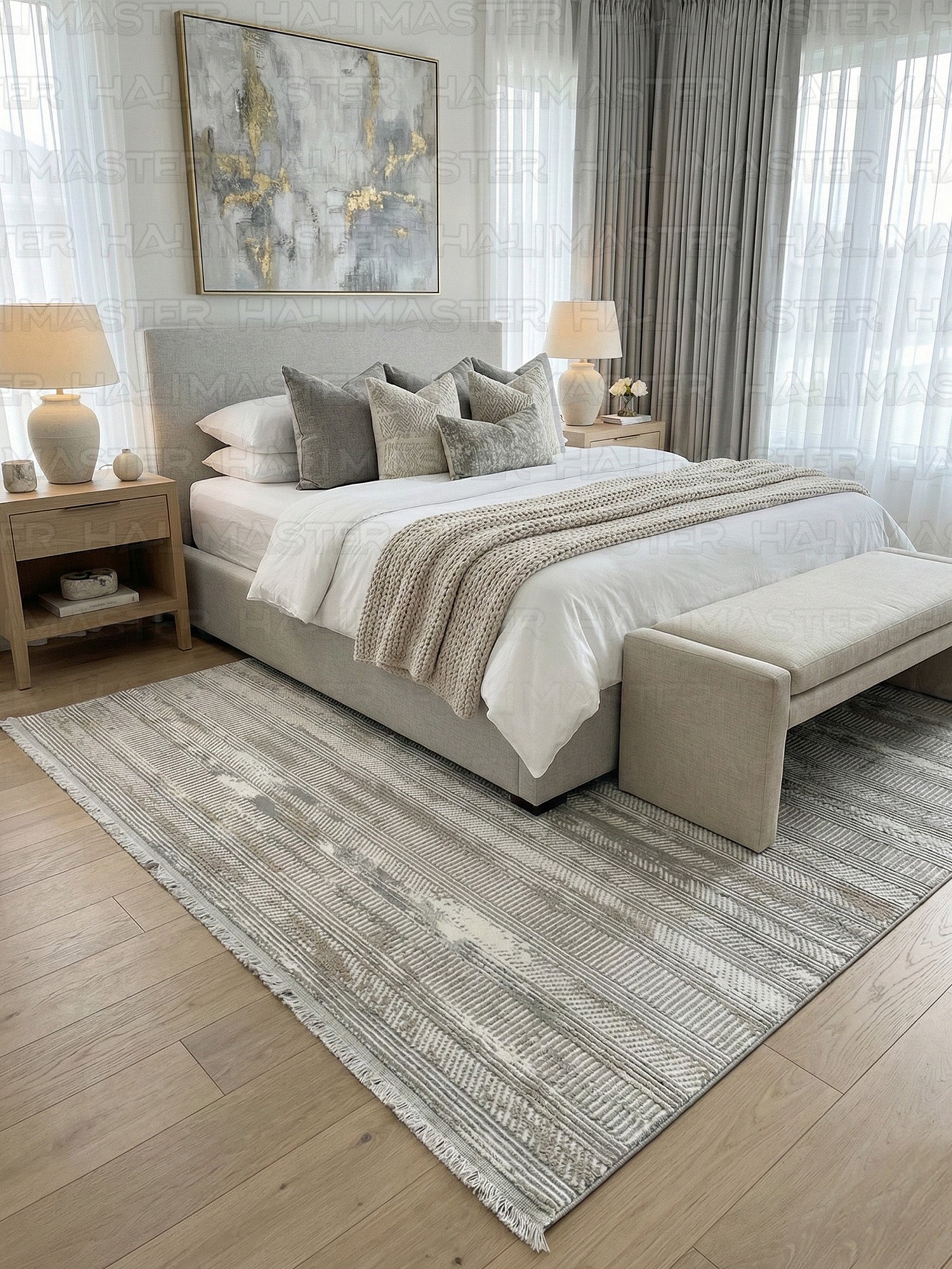 Vizon Gri Çizgili Modern Halı - Eskitme Desenli Salon Halısı