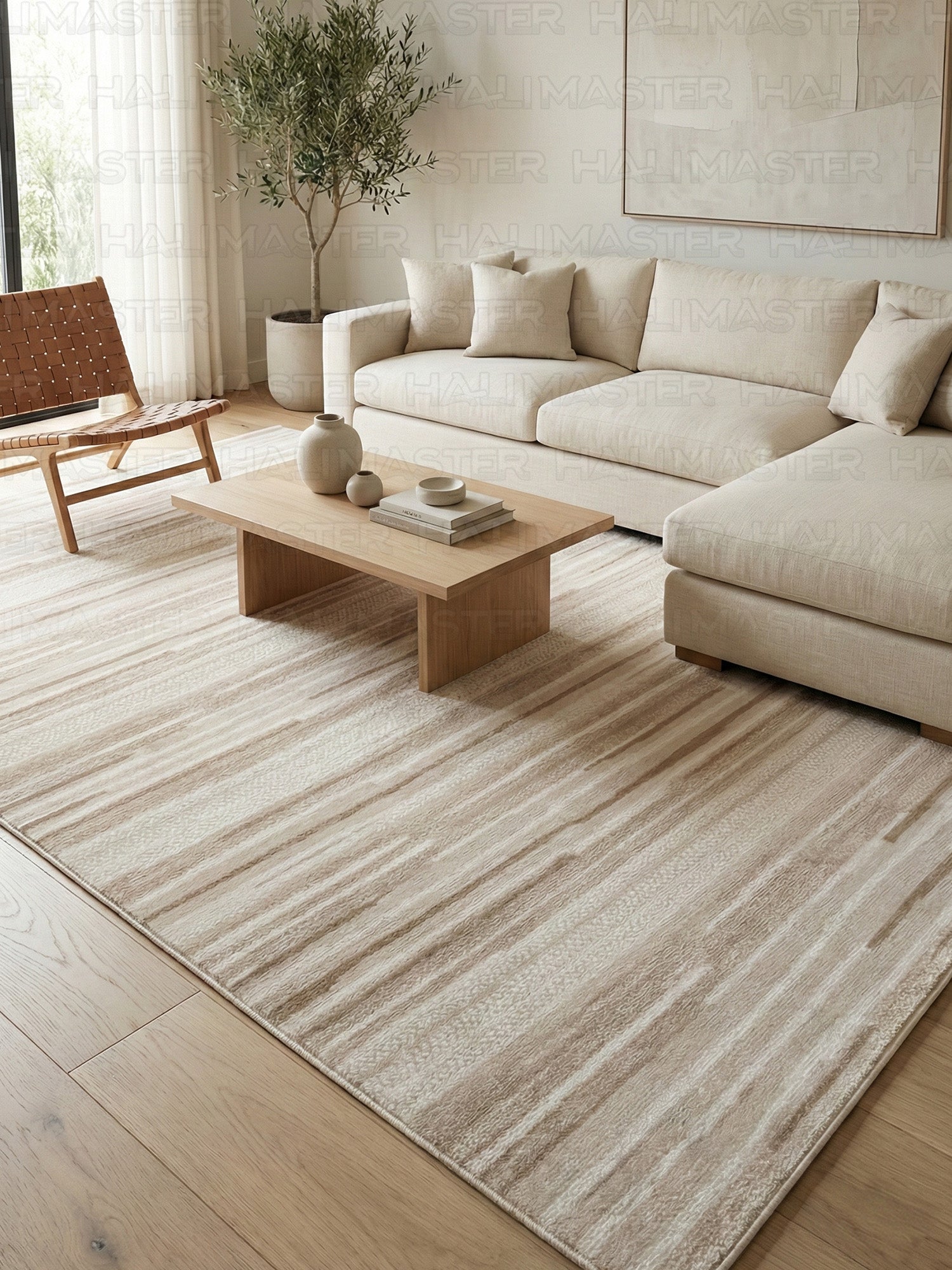 Bambu Modern Bej Çizgili Dokuma Halı – Kaymaz Tabanlı, Özel Ölçü Kesilebilir