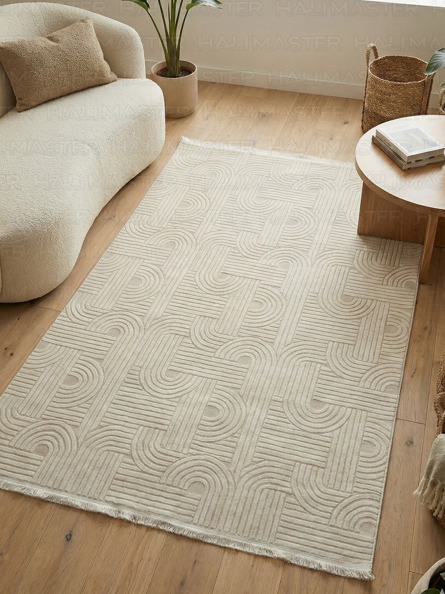 Modern Geometrik Desenli Krem Rengi İskandinav Tarzı Halı
