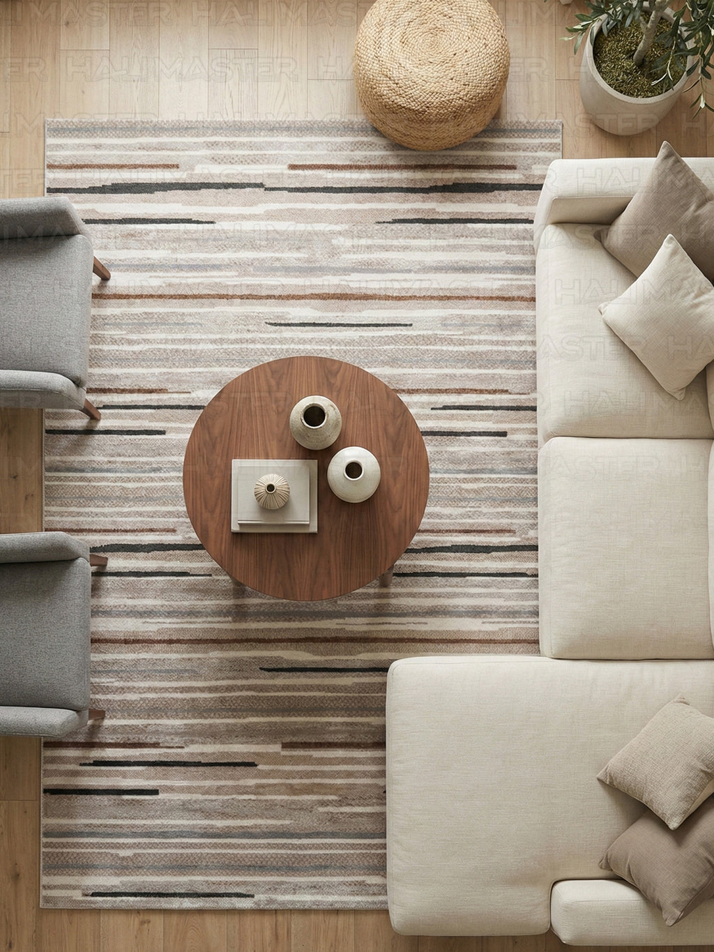 Bambu Soyut Desenli Antrasit Bej Modern Kaymaz Taban Halı ve Kesme Yolluk