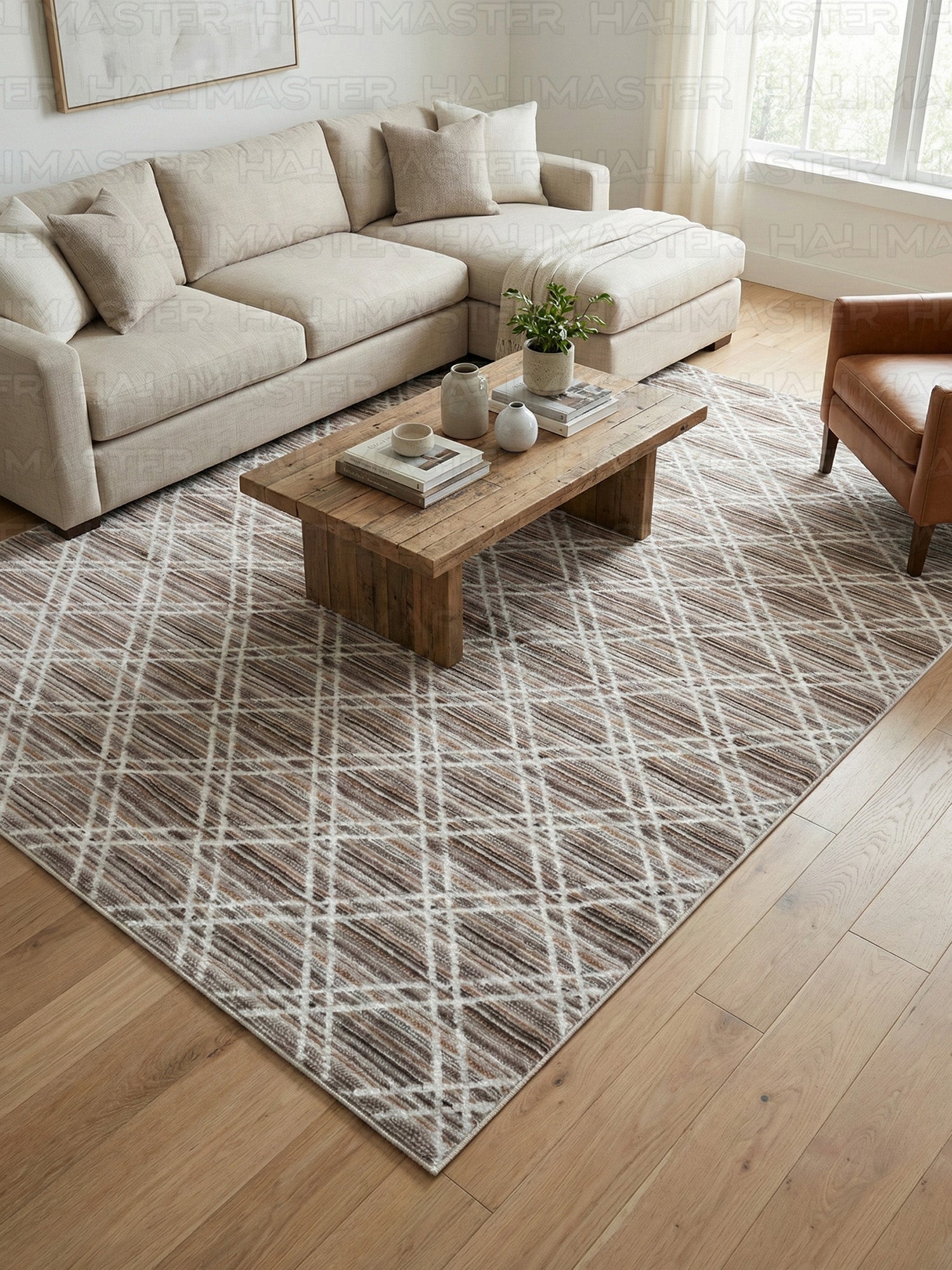 Bambu Modern Geometrik Desenli Kaymaz Taban Özel Ölçü Kesme Halı - Kahve/Vizon