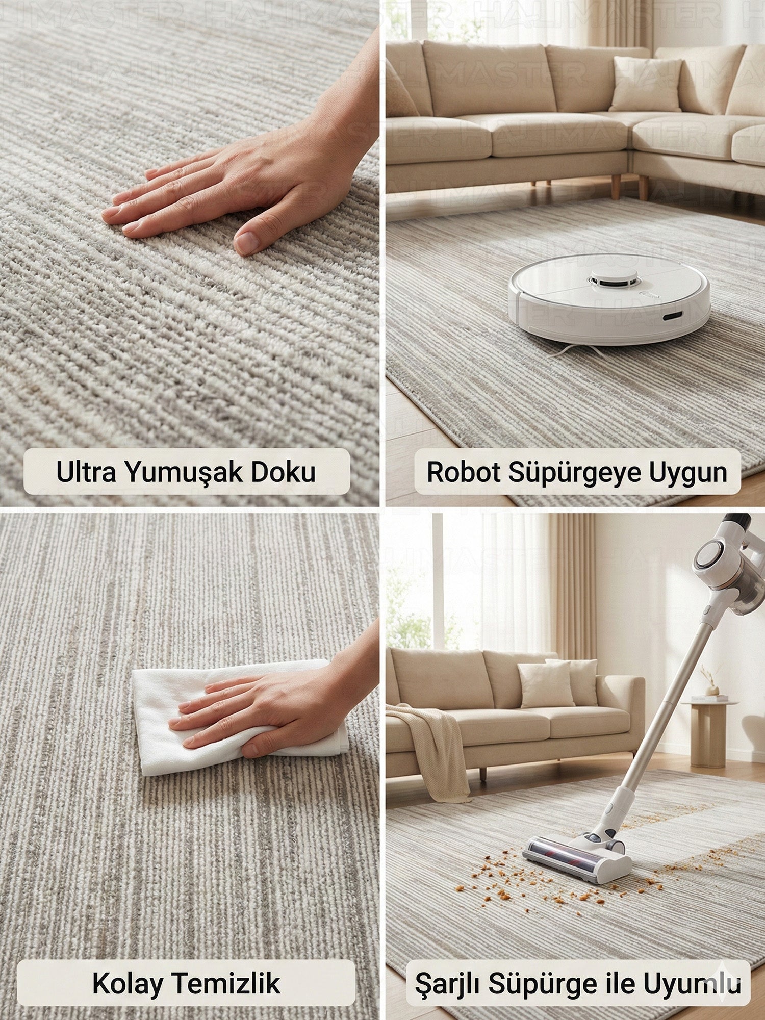 Modern Lineer Desenli Gri Vizon Halı - İskandinav Tarzı Saçaklı Salon Halısı