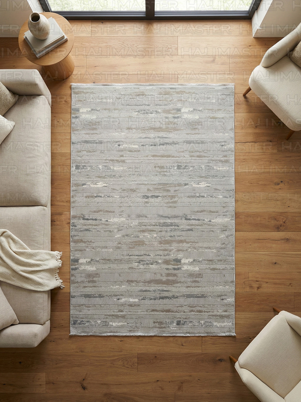 Vizon Gri Çizgili Modern Halı - Eskitme Desenli Salon Halısı