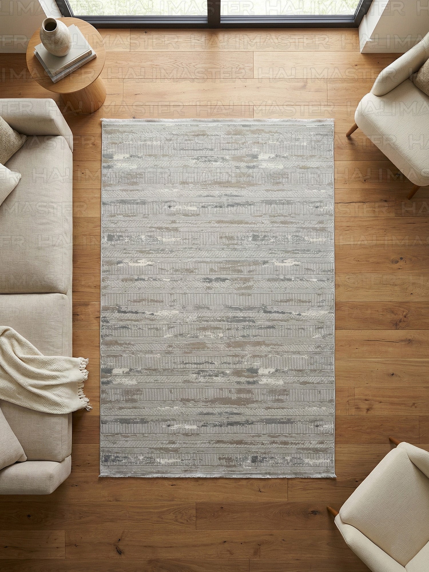 Vizon Gri Çizgili Modern Halı - Eskitme Desenli Salon Halısı