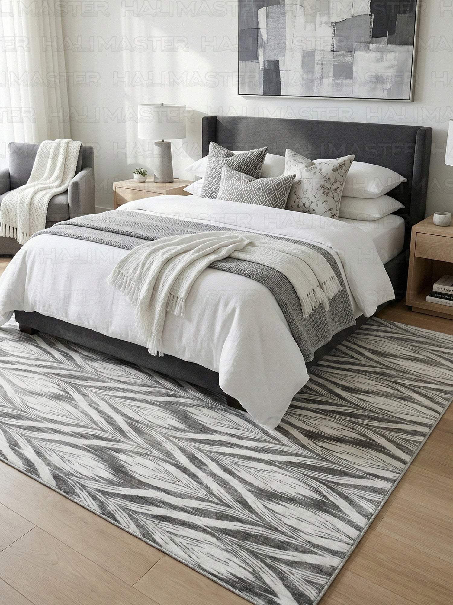 Dinarsu Antrasit Gri Modern Yaprak Desenli Kaymaz Taban Halı - Özel Ölçü