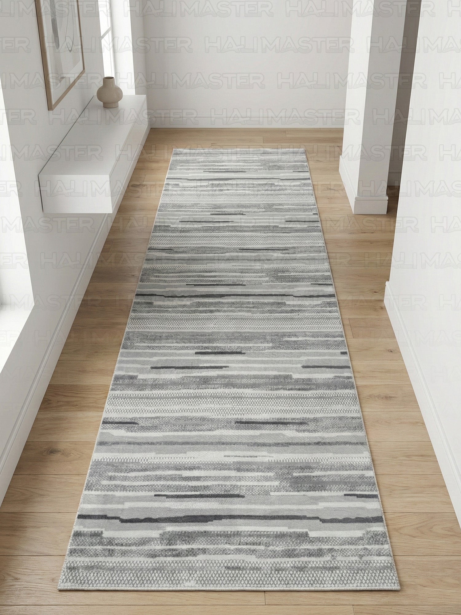 Bambu İskandinav Stil Gri Desenli Kaymaz Tabanlı Dekoratif Yolluk - Özel Kesim Kesme Halı